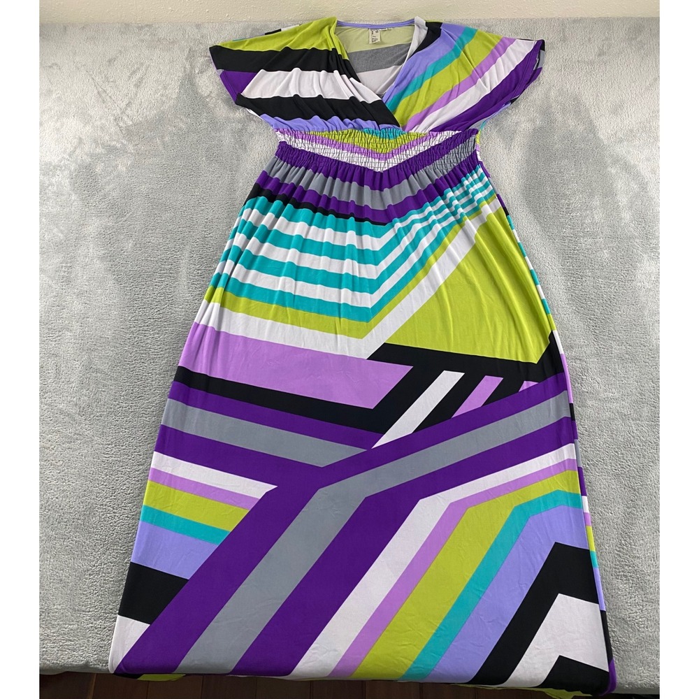 Emma & Michele Womens Multi Color Geometric Striped Smocked Waist Maxi Dress 6